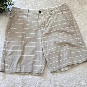 American Eagle Tan and White Striped Cotton Longboard Shorts, Size 32